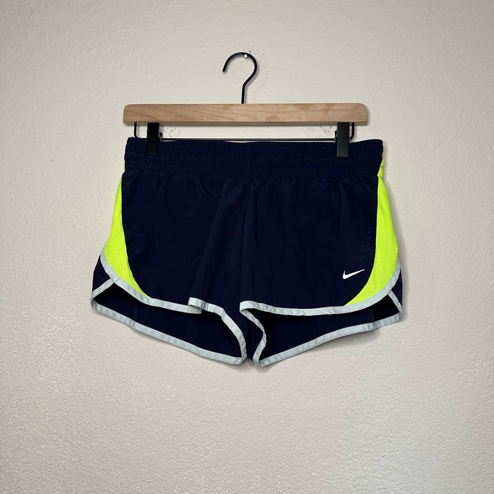 Nike Women's Navy and Neon Yellow Athletic Shorts